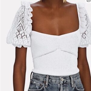 Intermix Bonnie White Lace Puff Sleeve Ribbed Top